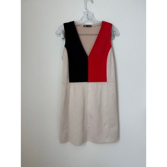 NWOT Zara Sleeveless Faux Suede Color Block Dress Size Small - Picture 2 of 6